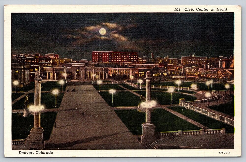 Vintage 1944 Denver Colorado Civic Center at Night Linen Postcard Sanborn 109